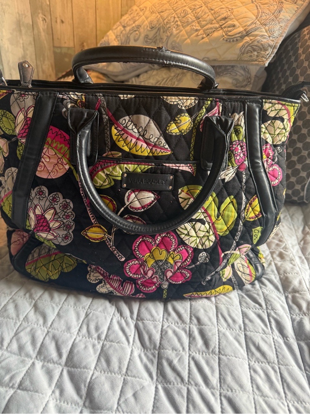 Vera Bradley Quilted Floral Top-Handle Tote in Black, Pink & Lime